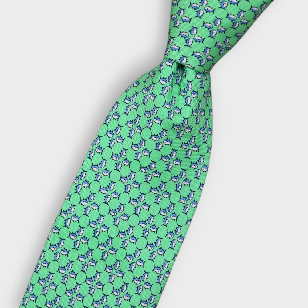 Southern Tide Green Tie with Blue and White Fish Pattern